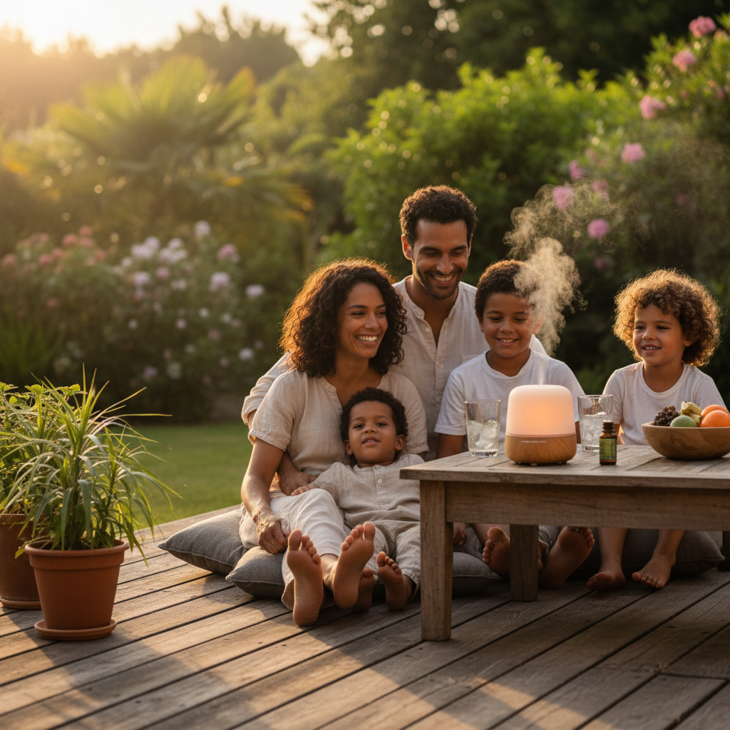 Familie på terrasse med diffuser i sommerkveld - naturlig og insektfri uteplass
