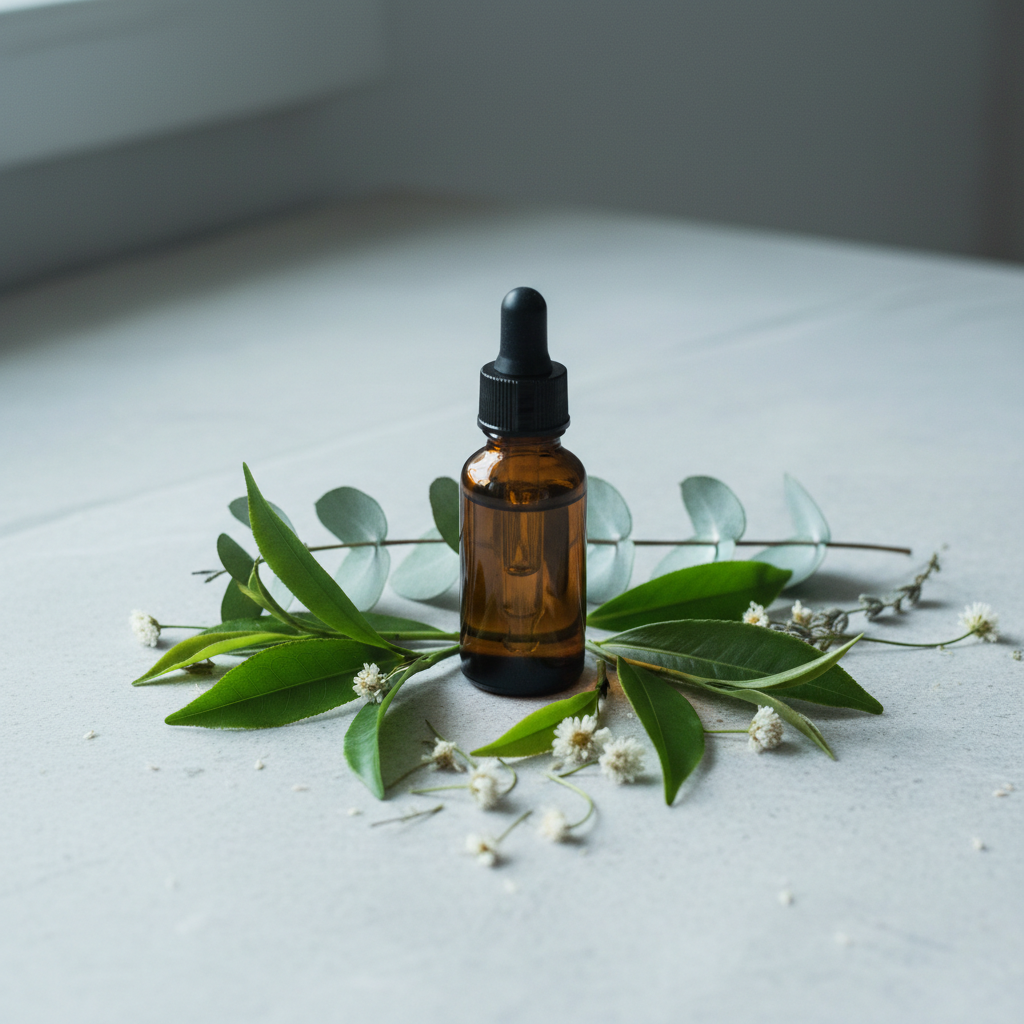Mørk amberflaske med tea tree og eukalyptus på lys stein - naturlig antiviralt