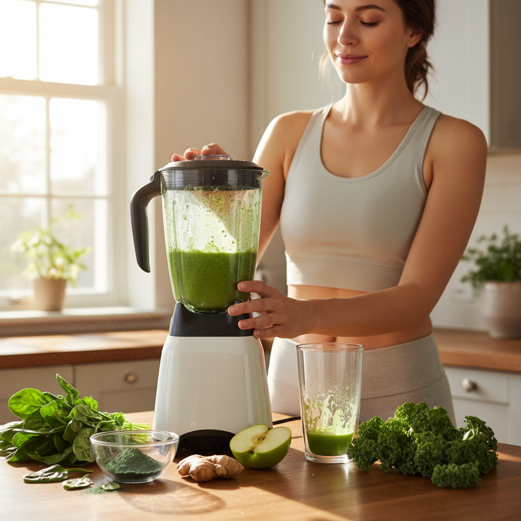 Person som lager grønn smoothie med hvetegresspulver om morgenen