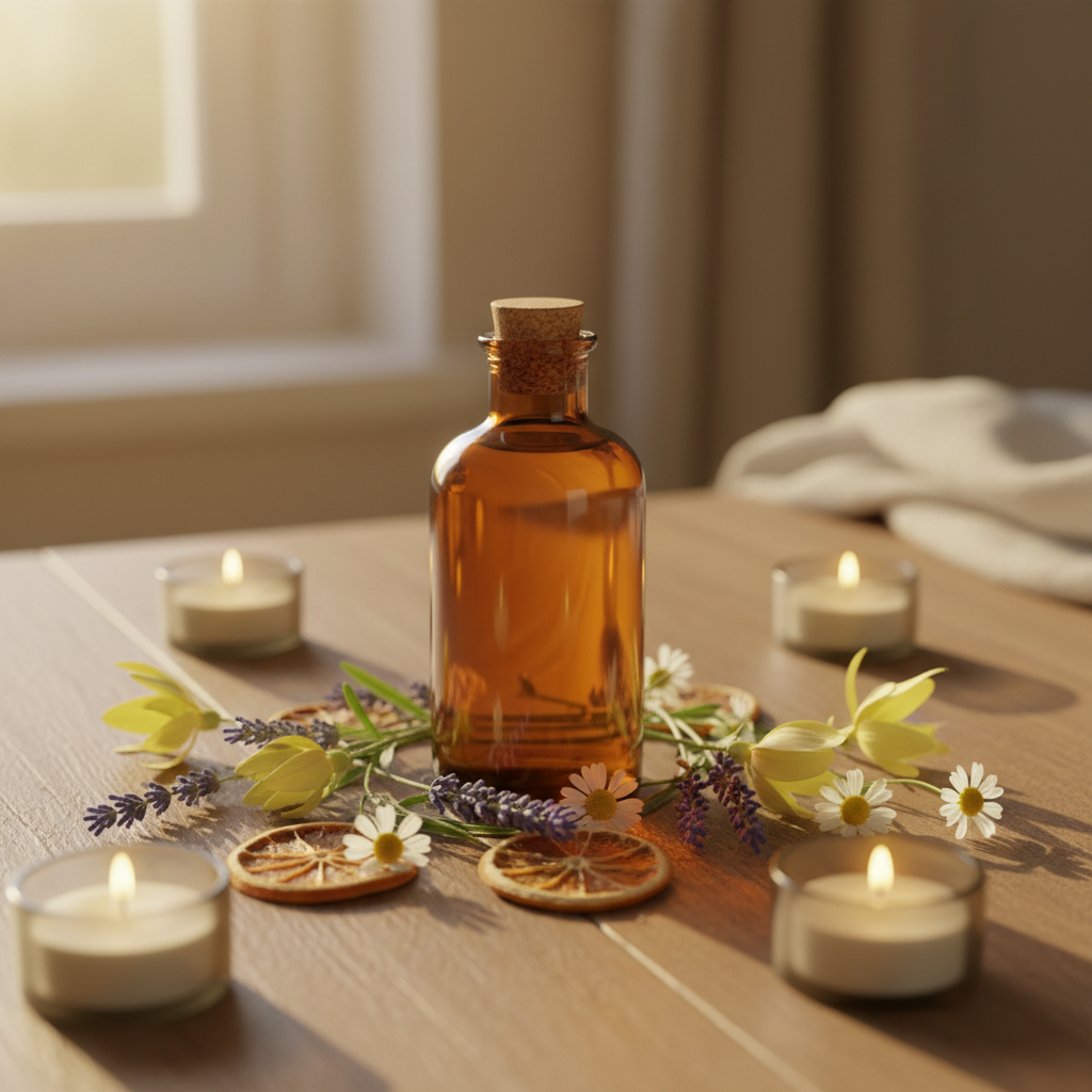 Amberflaske på tre med lavendel, kamille, appelsinskiver og ylang ylang i varmt stearinlys