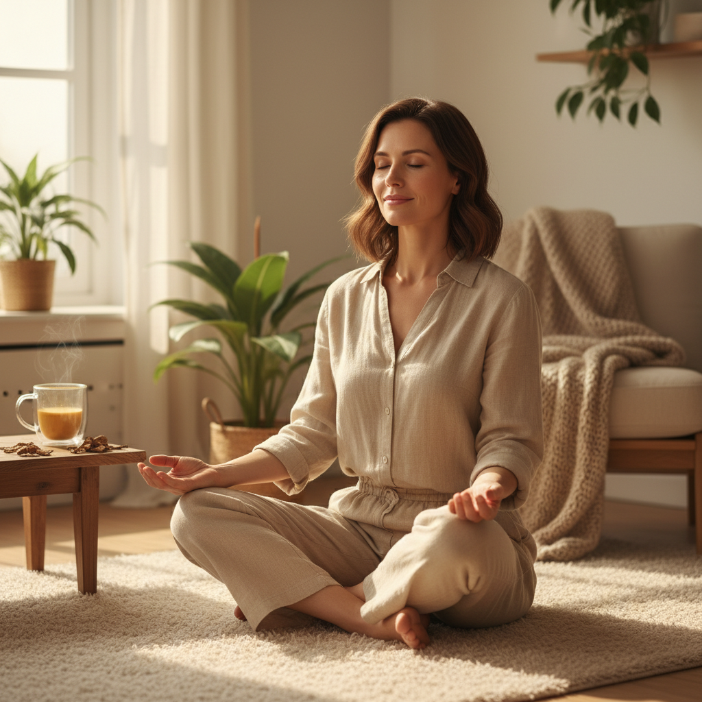 Kvinne i meditasjon med ashwagandha latte - ro og balanse