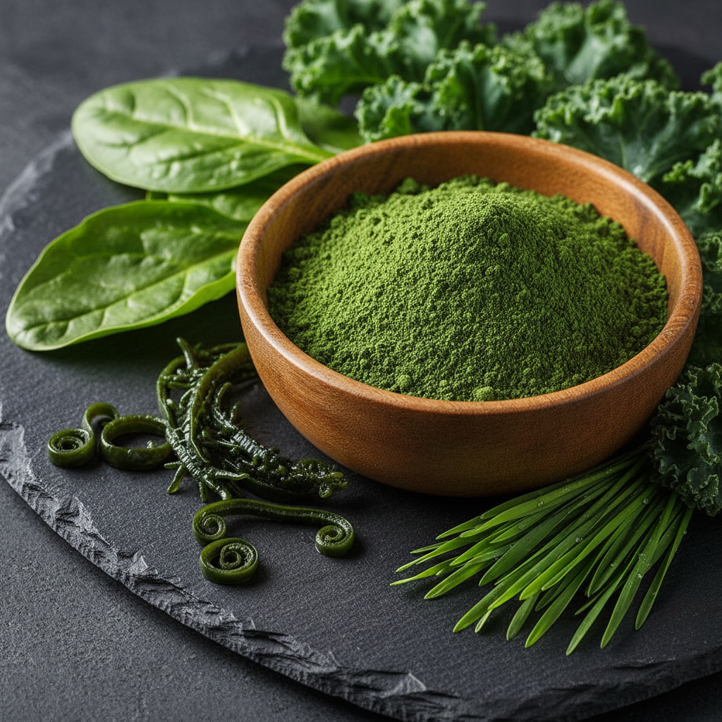 Grønn mix pulver med chlorella og spirulina i treskal på mørk stein
