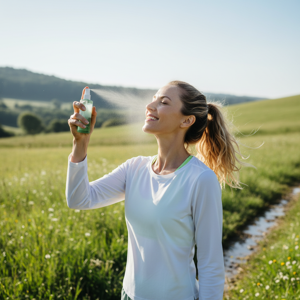 Energisk kvinne sprayer Immune BOOST i frisk luft - vitalitet og beskyttelse