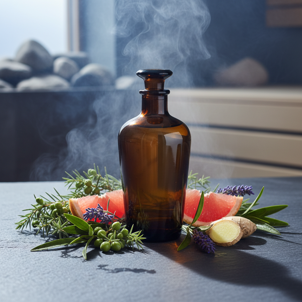 Mørk flaske på skifer med einerbær, grapefrukt, lavendel, tea tree og ingefær - frisk og rensende estetikk