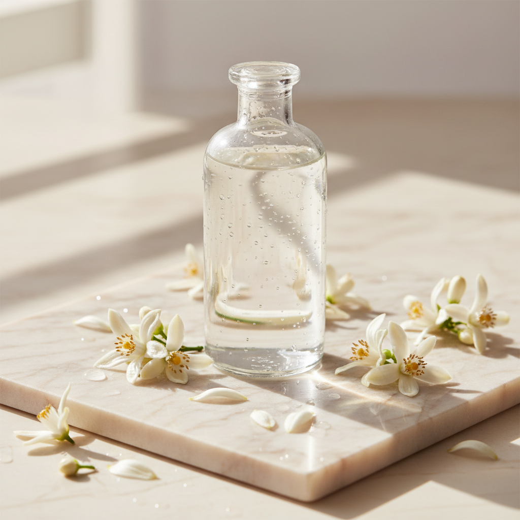 Hvite appelsinblomster og glassflaske med nerolivann på lys marmor