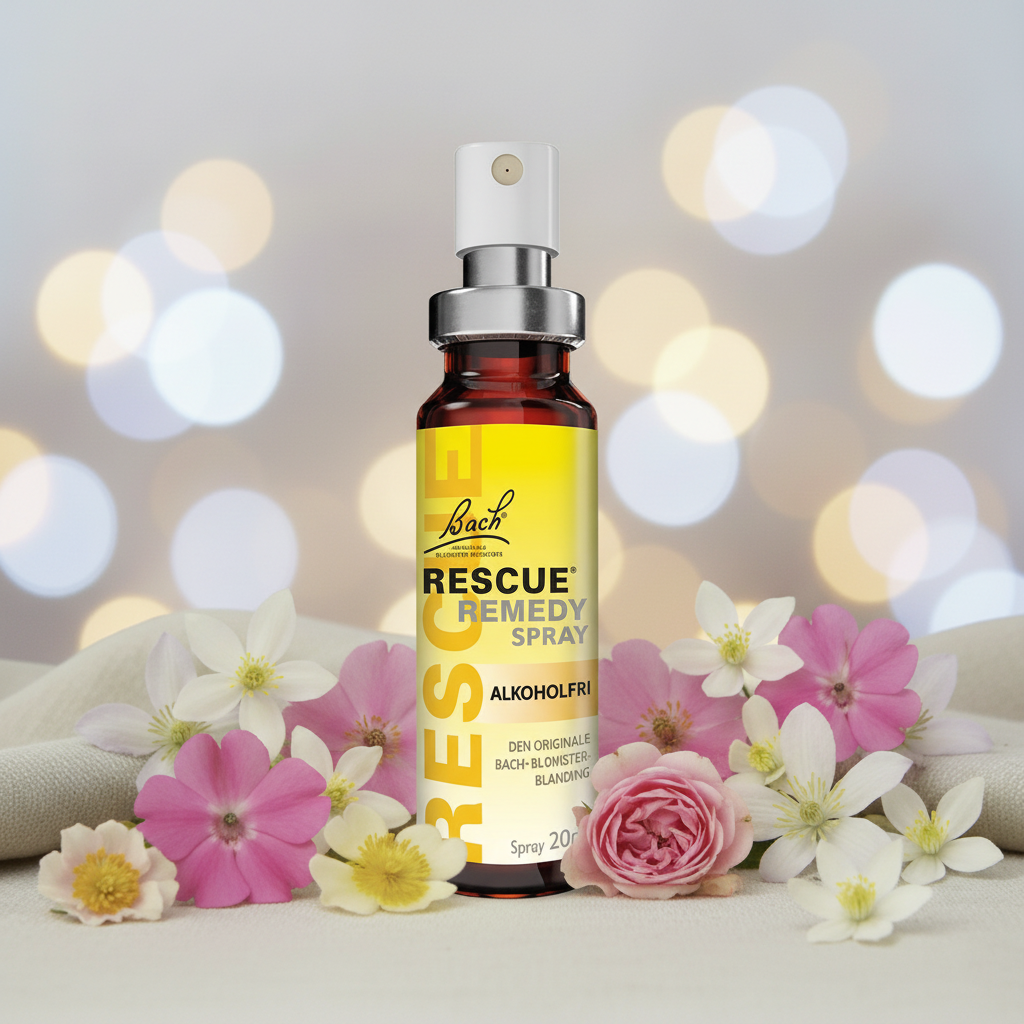 Bach RESCUE Remedy Spray med blomster og bokeh-bakgrunn