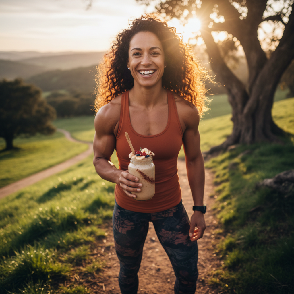 Energisk kvinne utendørs med maca smoothie - vitalitet og styrke