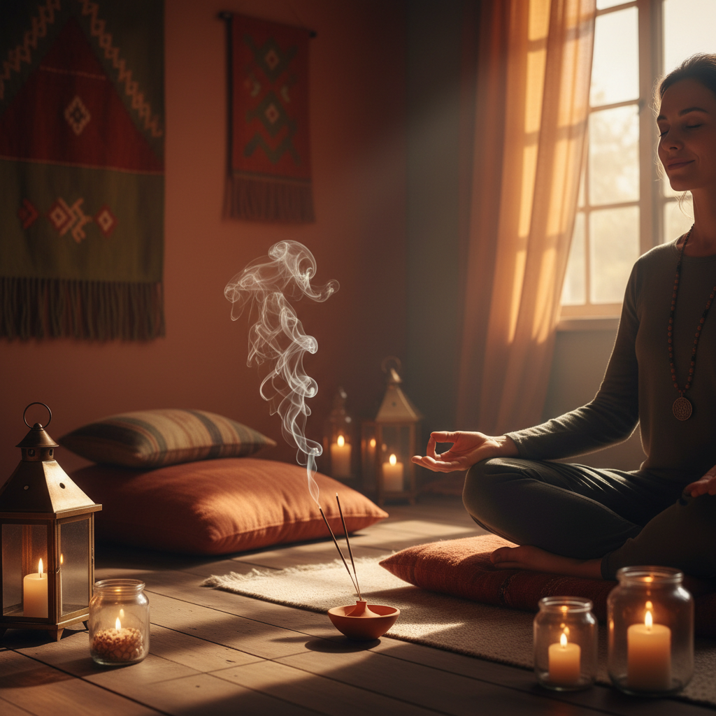 Person i meditasjon med røkelse og varmt lys