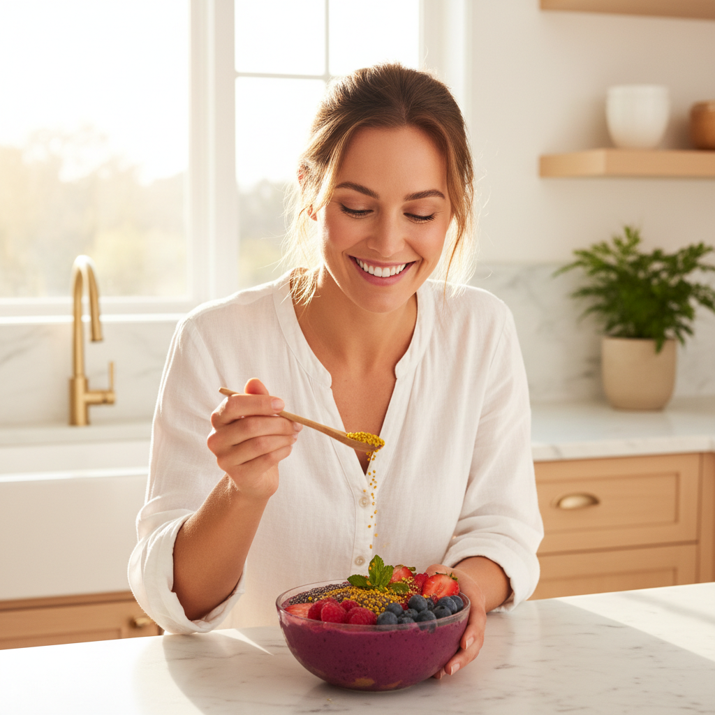 Strålende kvinne drysser bipollen over smoothie bowl