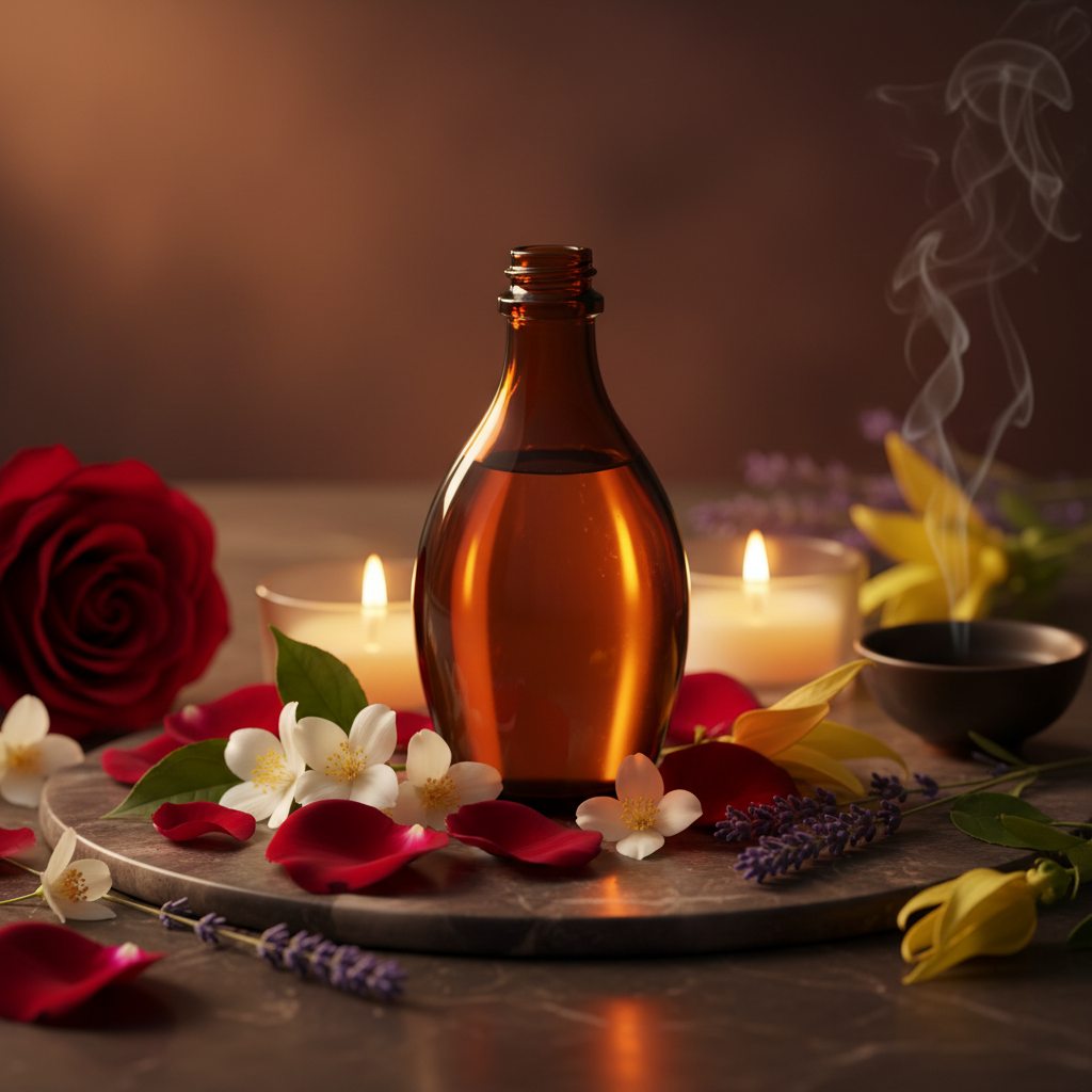 Mørk amberflaske med rosenblader, jasmin, lavendel og ylang ylang i stearinlys - romantisk og sensuell stemning