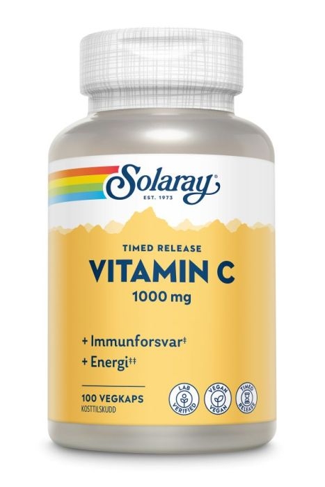 Vitamin C bidrar til normal energiomsetning og reduserer tretthet og utmattelse. I tillegg har vitaminet betydning for god psykologisk funksjon og et normalt fungerende nervesystem. 100 vegetabilske kapsler.