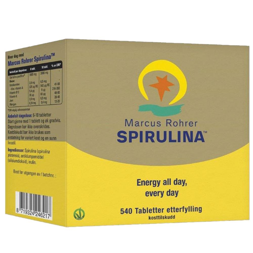 MR Spirulina: Vegetabilsk ernæring. Økt energi, utholdenhet, forbedret velvære.  Marcus Rohrer Spirulina® vokser på den solrike øyen Hawaii. Dyrket på Hawaii under maksimale solforhold.