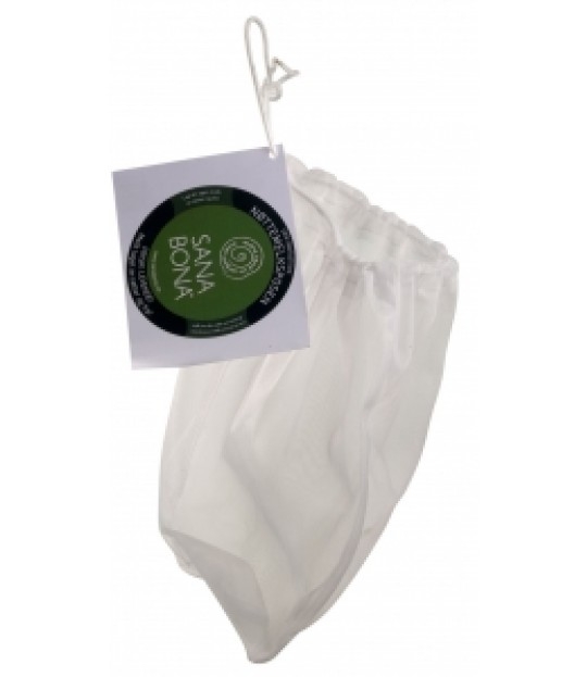 Denne nøttemelksposen kan brukes til å lage nøttemelk av ulike typer nøtter og frø, f.eks mandler, sesamfrø, hampfrø, hasselnøtter osv. Denne nøttemelksposen kan også brukes til å spire frø i. Høyden er 31 cm. Vidden på posen oppe er 28 cm.