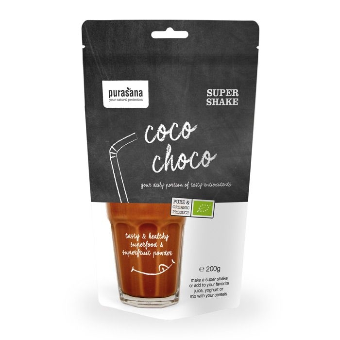 200 g. En superfood mix med naturlige og økologiske ingredienser. Smaker fantastisk! Super Shake Coco Choco er basert på rent kakaopulver og kokosmelk. Den perfekte kombinasjonen av sunnhet og smak.