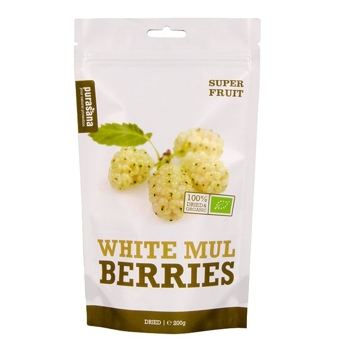 200 g. Purasana White Mulberries er en fin kilde til vitaminer, mineraler og antioksidanter. Søte og gode, med et hint av honningsmak.