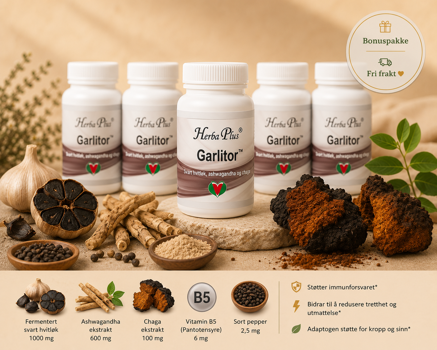 Herba Plus Garlitor -Immunforsvar, energi, stress, mental styrke og hjerte/blodomløp- 6 for 5