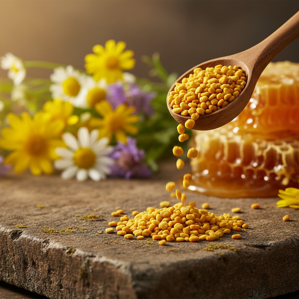 Gylne bipollen granulater på rustikt underlag med vill blomster og honningkake