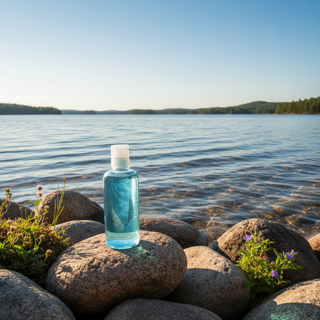 Glassflaske på solvarme steiner ved skinnende klar innsjø med blå himmel og lyst sollys i vannet