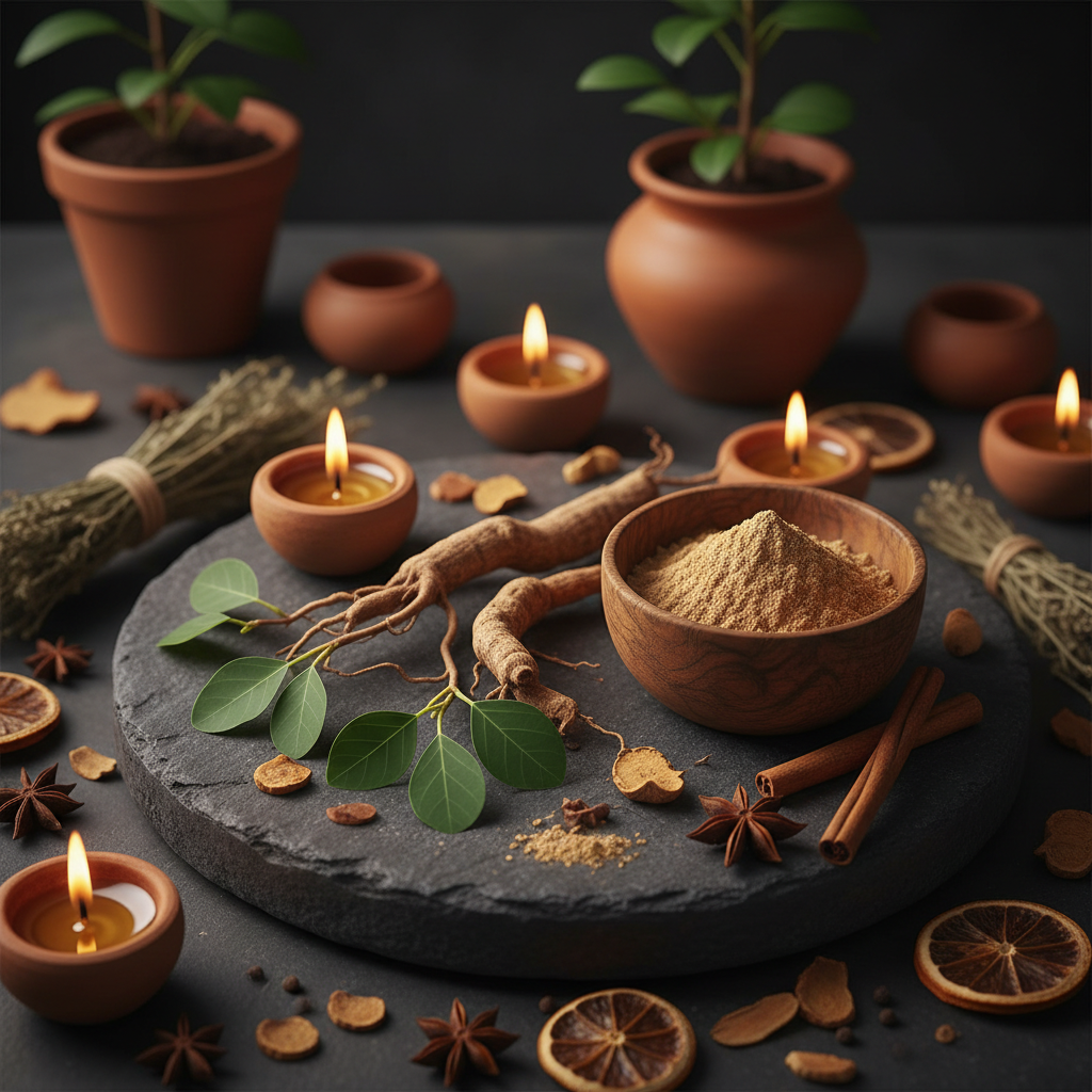 Ashwagandha rot og blader med stearinlys - ayurvedisk stemningsbilde
