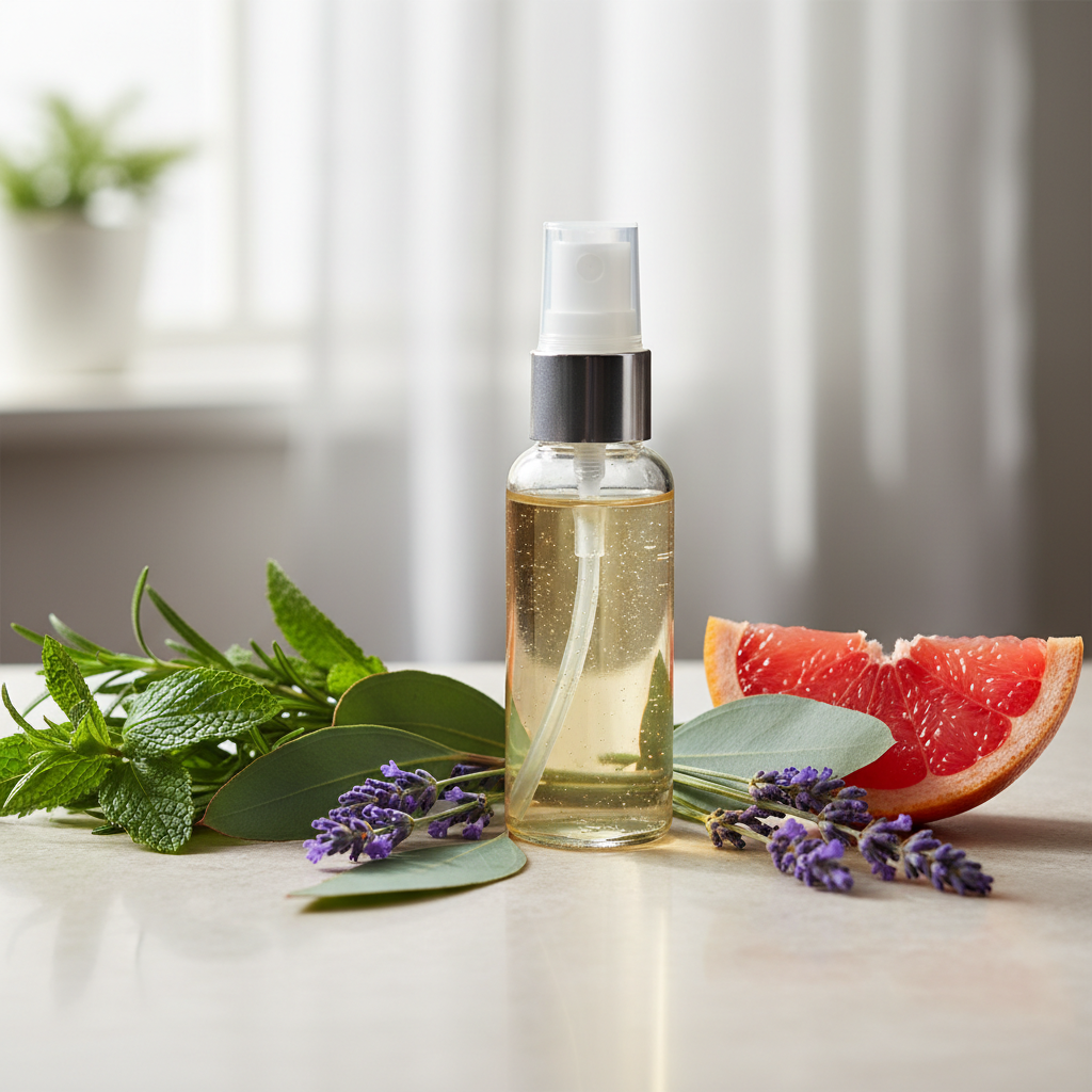 Sprayflaske med eukalyptus, lavendel og grapefrukt på lys stein - naturlig immunboost