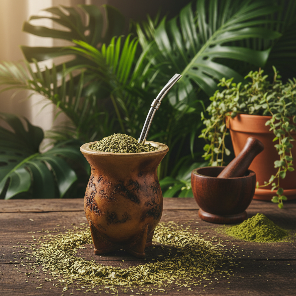 Tradisjonell yerba mate kopp med bombilla og tørkede blader