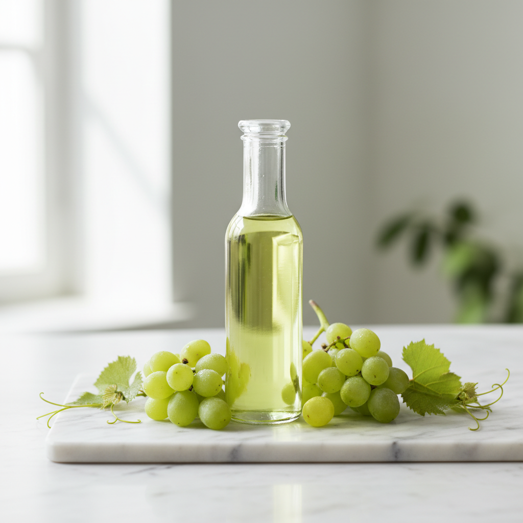 Elegant glassflaske med lys grønntonet druekjerneolje, friske druer og drueblader på lys marmor