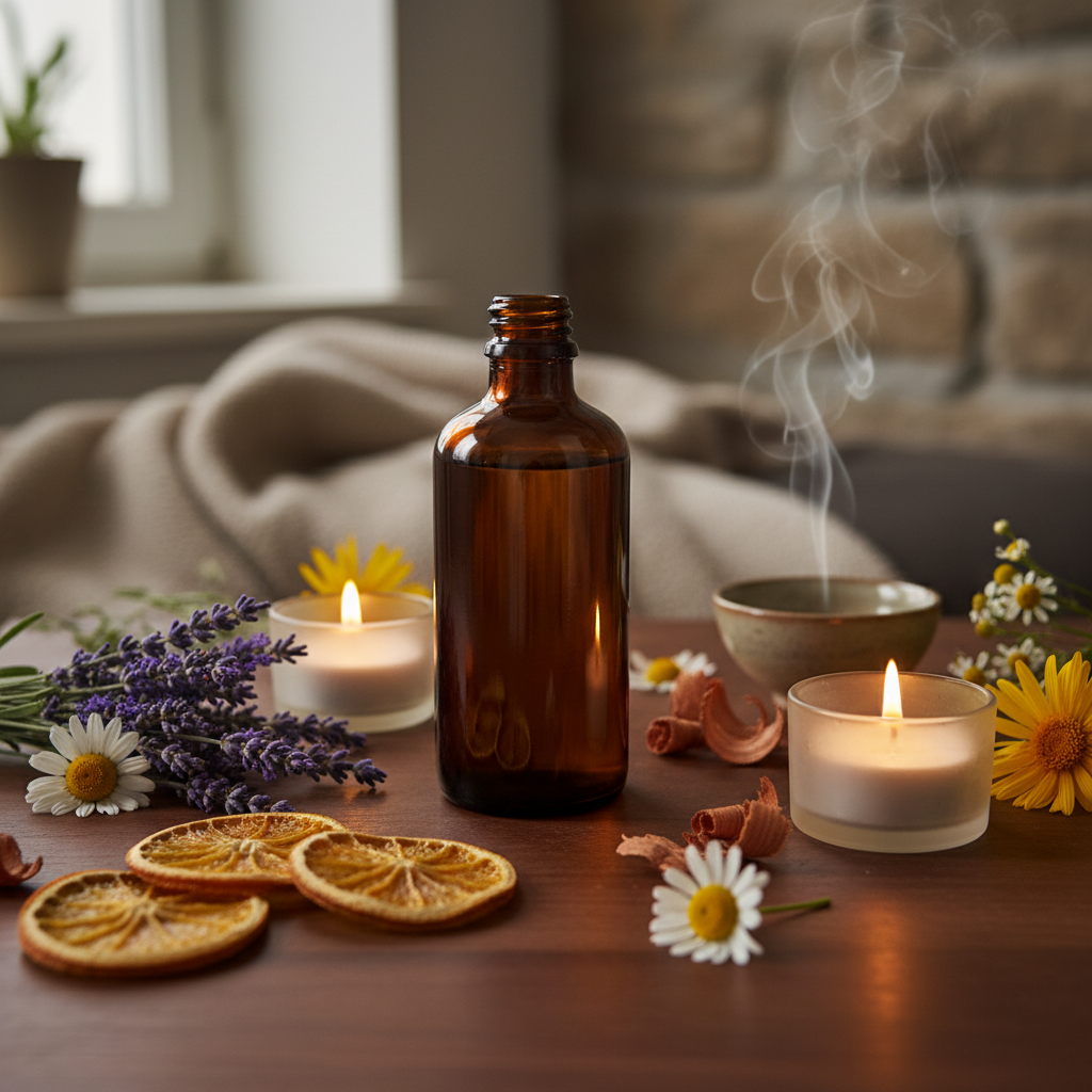 Amberflaske med lavendel, appelsin, kamille, rosentre og arnika i varmt stearinlys