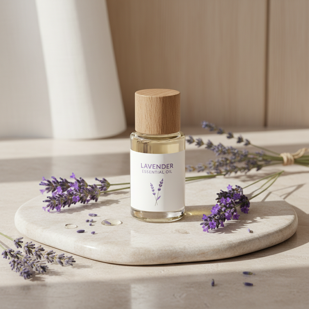 Herba Plus eterisk lavendelolje på lys stein med friske lavendelkvister