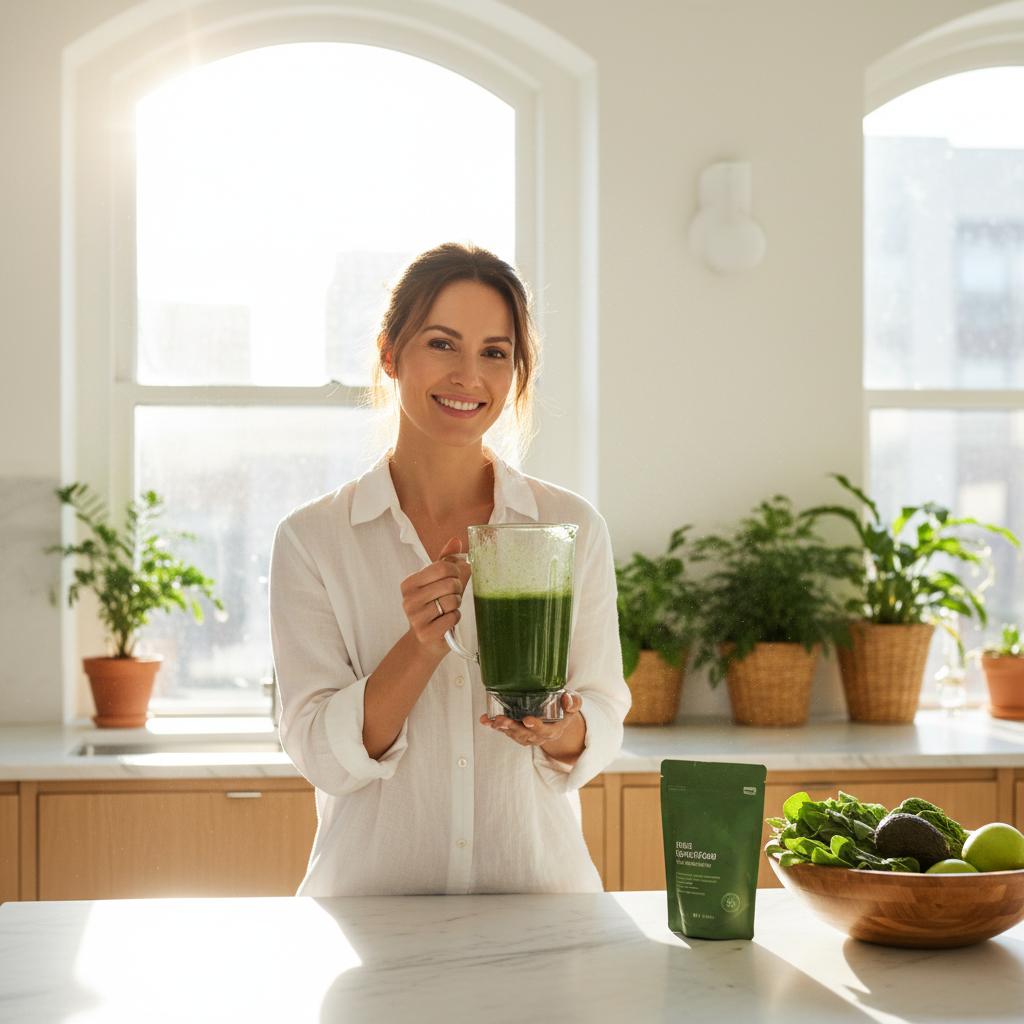 Strålende kvinne lager grønn smoothie - vitalitet og helse