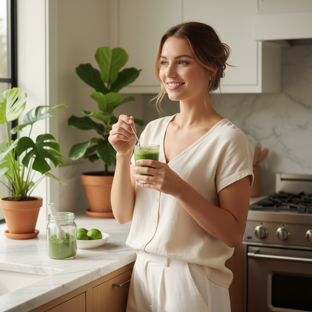 Strålende kvinne med grønn byggressjuice - friskhet og vitalitet