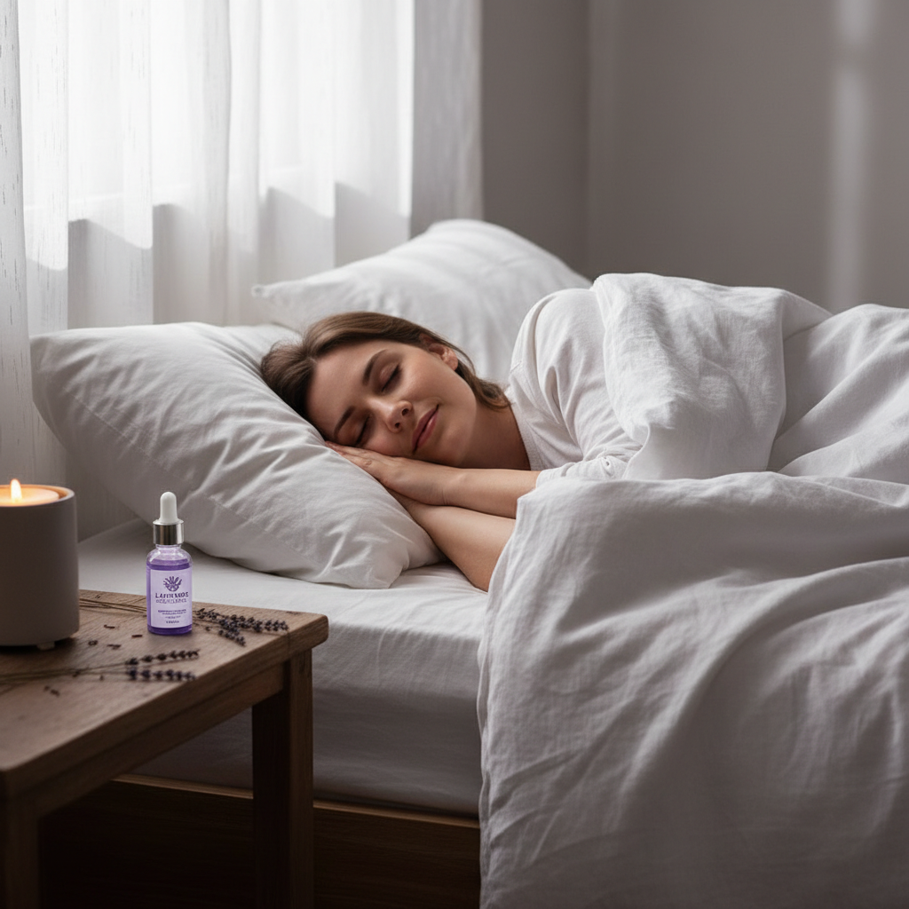 Person som sover fredelig med lavendelolje på nattbordet