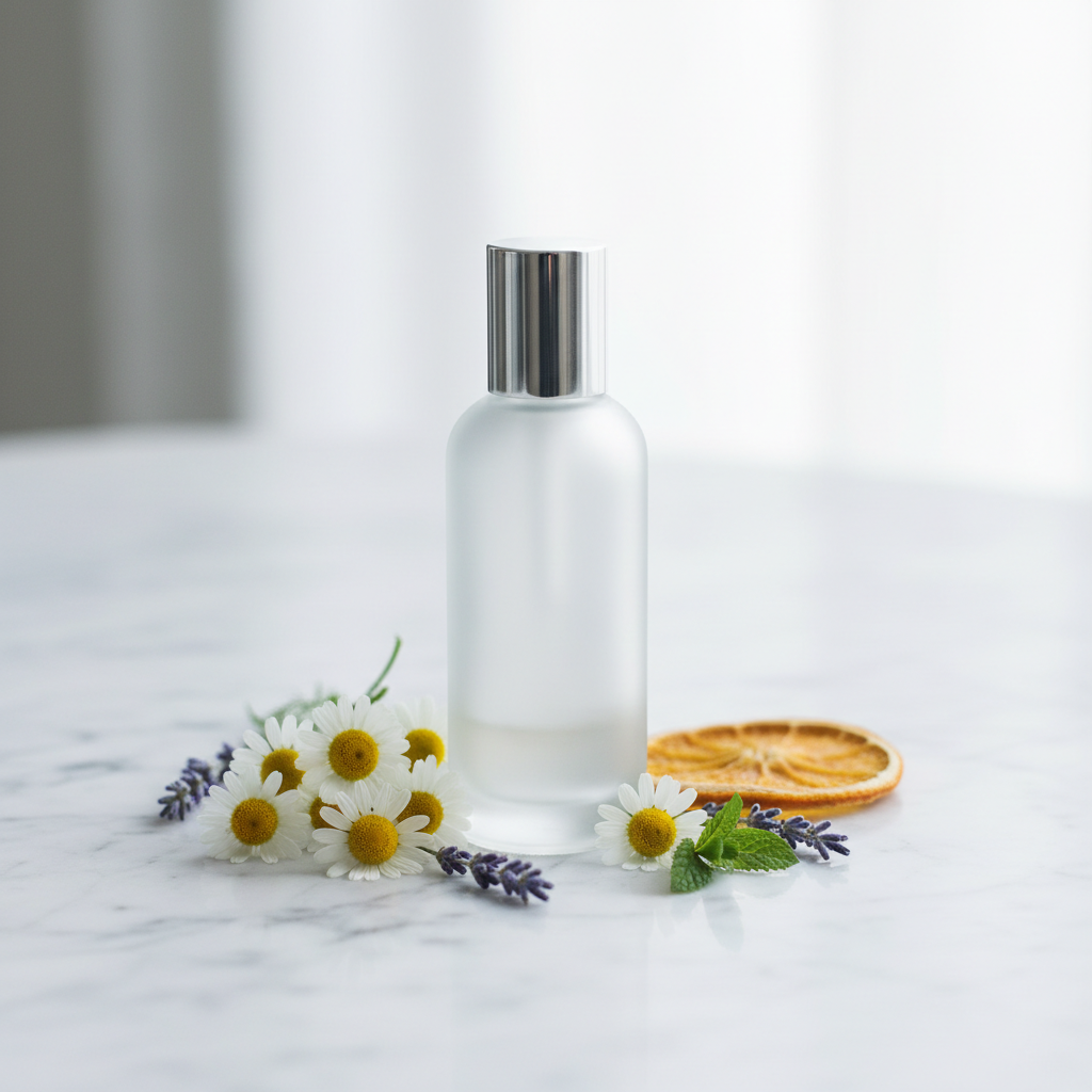 Sølvtonet flaske med kamille, lavendel, appelsinskive og peppermynte på hvit marmor - klar og stille estetikk