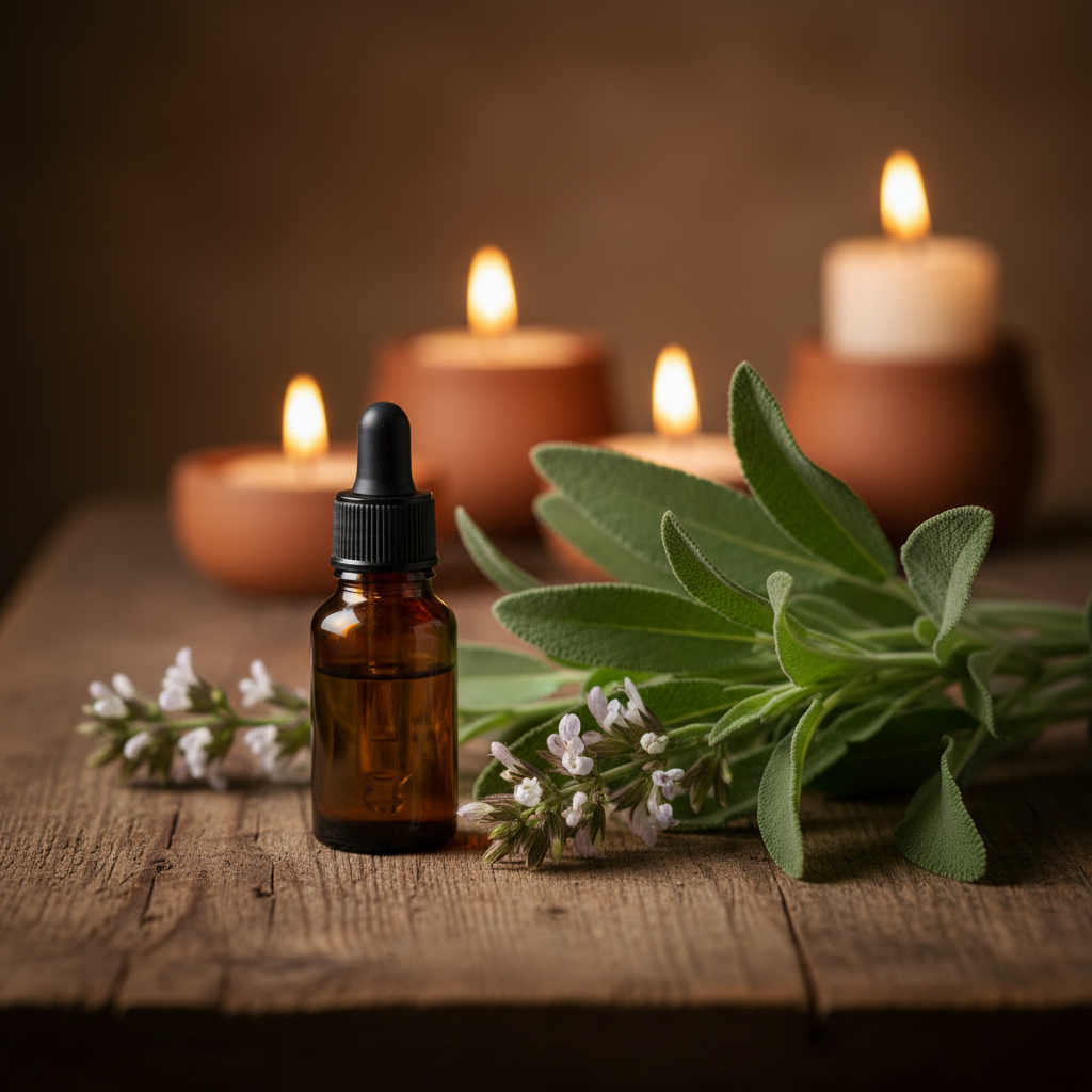 Clary Sage eterisk olje stemningsbilde med urtekvister og stearinlys