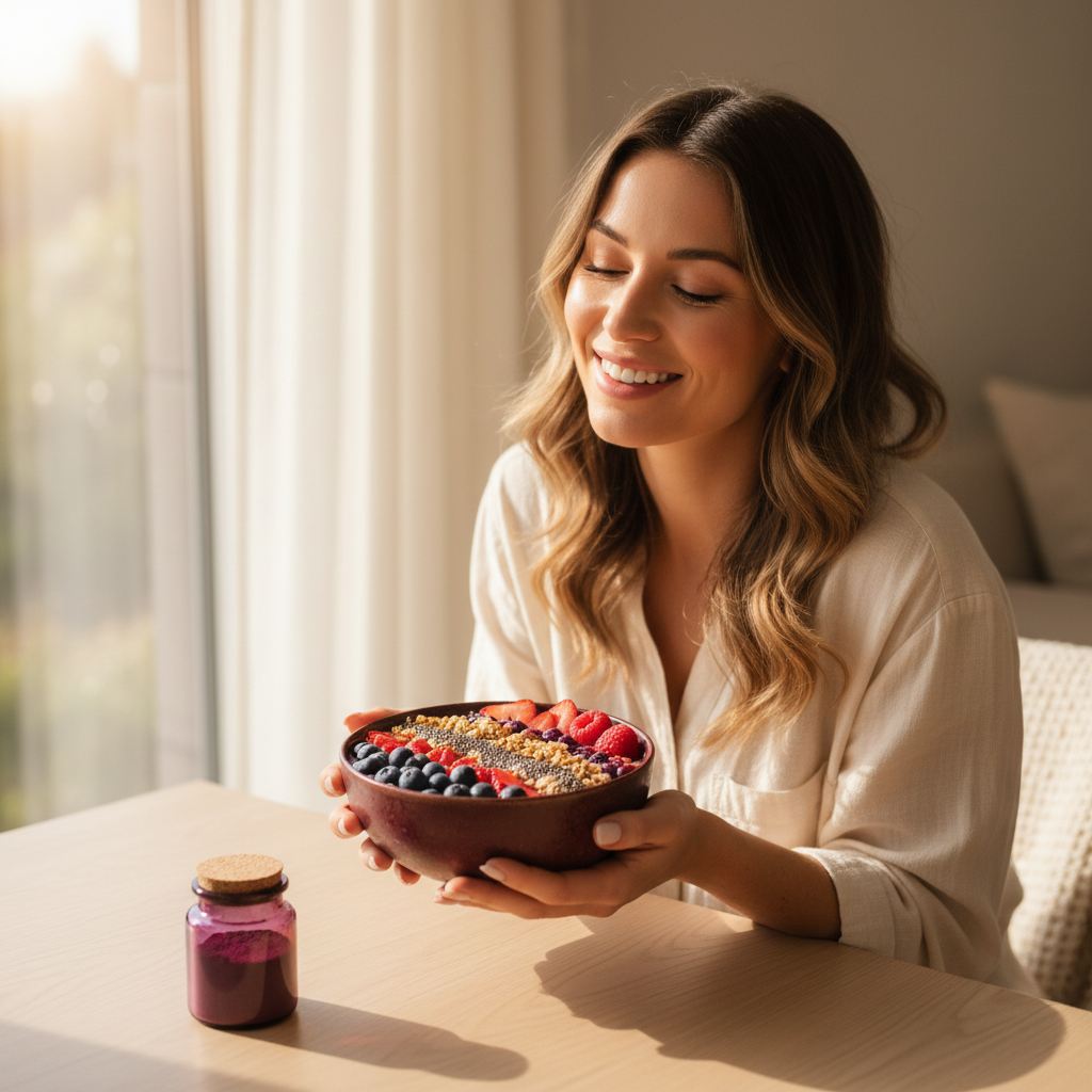 Kvinne med acai smoothie bowl - vitalitet og glede