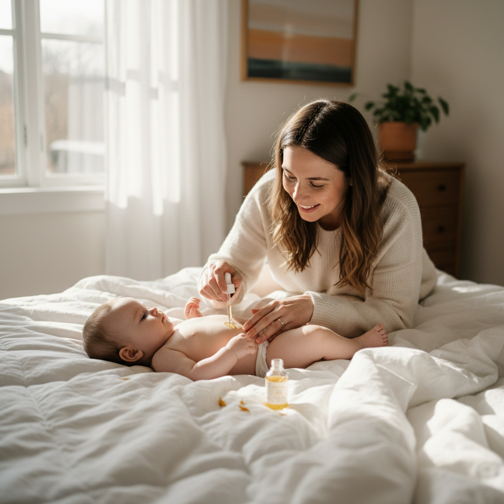 Mor påfører forsiktig gyllen calendulaolje på babyens hud - varm og omsorgsfull