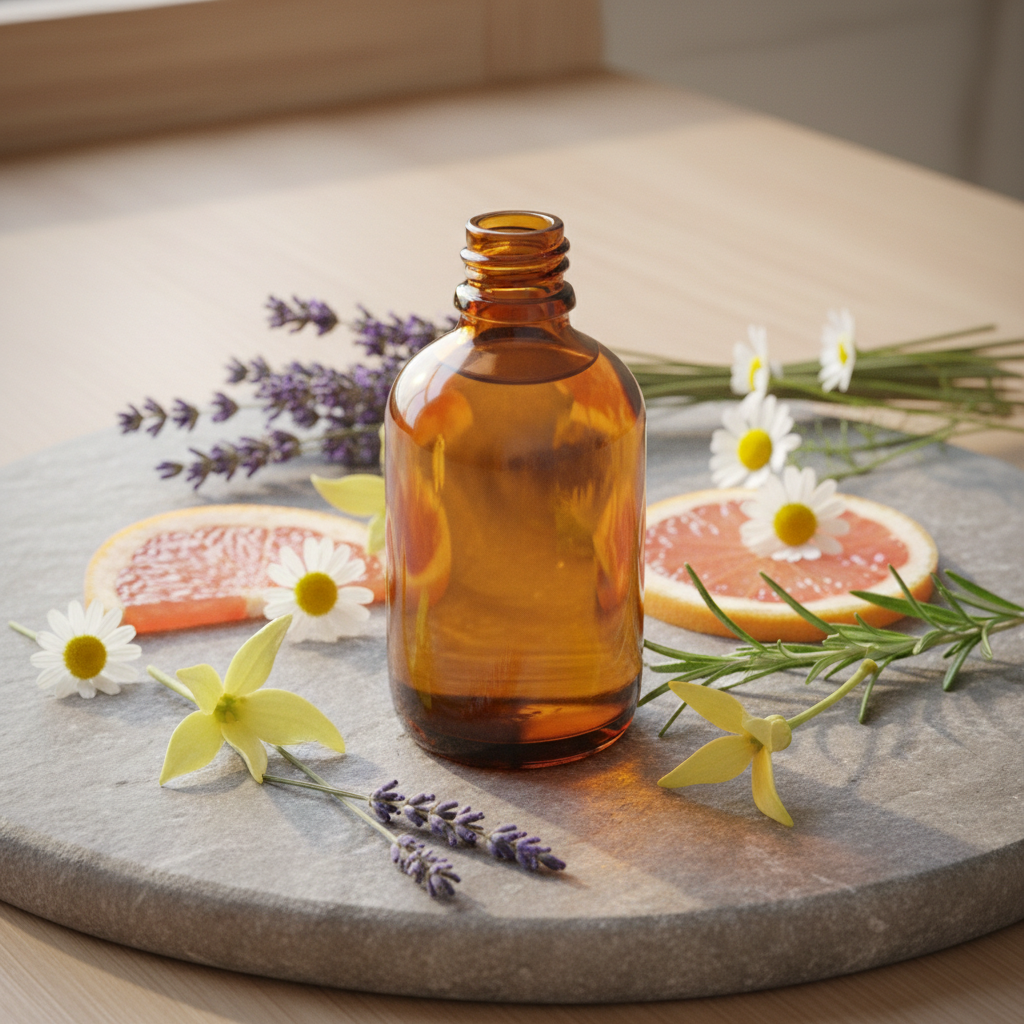 Varm amberflaske med lavendel, kamille, rosmarin, grapefrukt og ylang ylang på naturstein