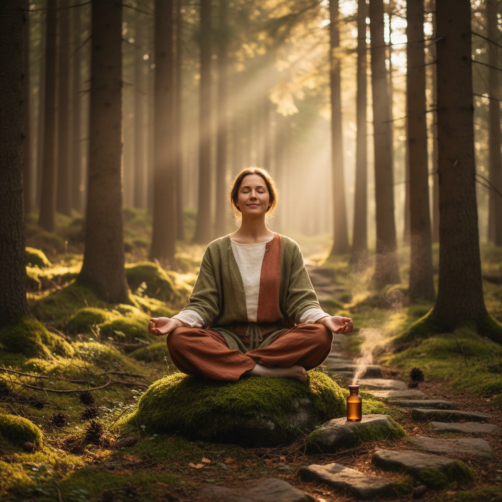 Person i meditasjon i nordisk skog - jordnær og stille stemning
