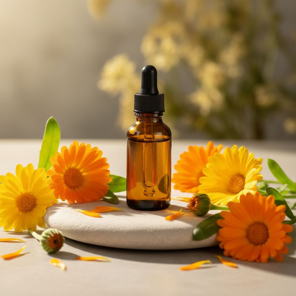 Amberflaske med gyllen calendulaolje, oransje og gule ringblomster på lys stein