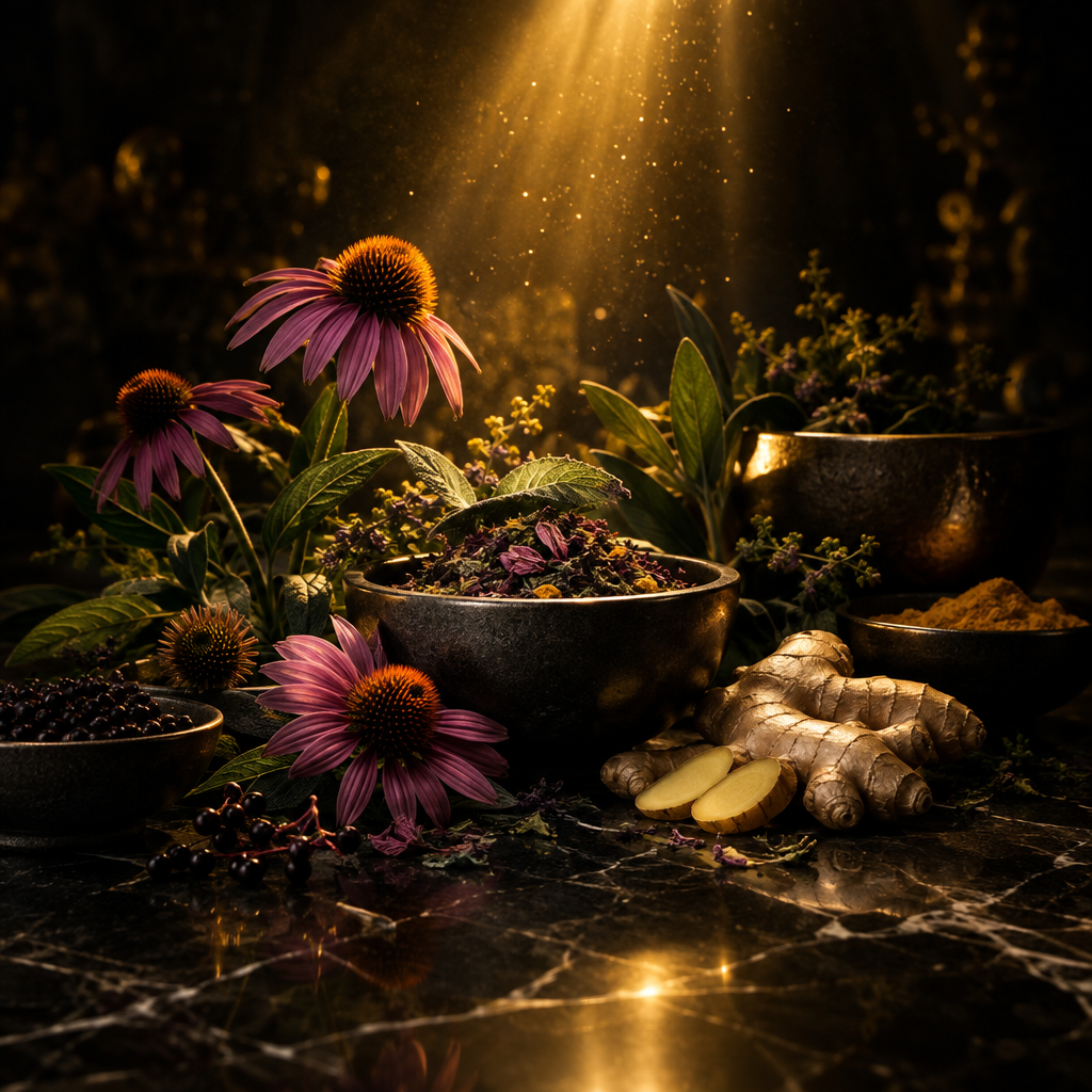 Mørk marmoroverflate med urter, echinacea og gyllent lys, som symboliserer immunforsvar