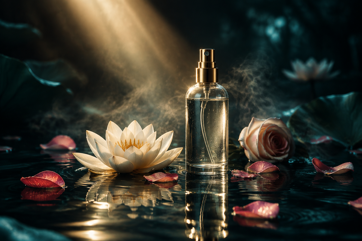 Mørk scene med glasssprayflaske, gyllen lysstråle, lotus og roseblader på mørkt vann, for Herba Plus Blomstervann